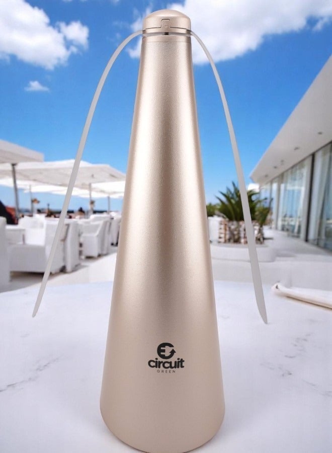 دائرة خضراء مروحة طرد الذباب للطاولات، مروحة كهربائية محمولة للمطاعم والفناء والتخييم والحديقة والأماكن المغلقة والمفتوحة والطعام لإبعاد الذباب والحشرات دون استخدام المواد الكيميائية (ذهبي) - Image 1